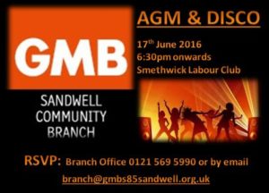 GMB Sandwell AGM/Disco details